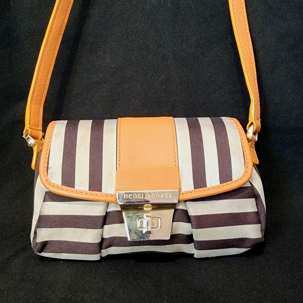Henri Bendel Grey and Black Crossbody Bag with Striped Design